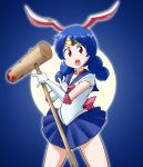  &gt;:o 1girl :o animal_ears bishoujo_senshi_sailor_moon blood bloody_weapon blue_hair blush buck_teeth cosplay elbow_gloves gloves jewelry kine kousei_(public_planet) looking_at_viewer pointing pointing_at_viewer rabbit_ears red_eyes sailor_moon sailor_moon_(cosplay) school_uniform seiran_(touhou) serafuku single_earring solo tiara touhou weapon 