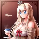  1girl blonde_hair blue_eyes braid breasts brown_background character_name crown cup dress flower french_braid jewelry kantai_collection long_hair long_sleeves medium_breasts mini_crown necklace off-shoulder_dress off_shoulder parted_lips red_ribbon red_rose ribbon rizuriri rose saucer solo teacup upper_body warspite_(kantai_collection) white_dress 