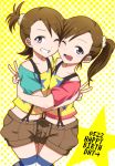  2girls ;d black_eyes brown_hair brown_shorts collarbone eyebrows_visible_through_hair futami_ami futami_mami hair_ornament hair_scrunchie happy_birthday hug idolmaster kidachi long_hair lower_teeth midriff multiple_girls navel one_eye_closed one_side_up open_mouth polka_dot polka_dot_background scrunchie short_shorts shorts siblings side_ponytail sisters smile stomach striped striped_legwear suspender_shorts suspenders teeth thigh-highs thighhighs v wink 