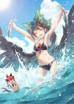  2girls animal_ears armpits arms_up ball beachball bikini bird_wings black_bikini black_bow black_wings blue_sky bow braid breasts brown_hair cat_ears cat_tail cleavage clouds cloudy_sky commentary_request day feathered_wings fish green_bow halter_top halterneck highres holding holding_ball kaenbyou_rin long_hair medium_breasts multiple_girls navel o-ring_bikini o-ring_bottom ocean open_mouth outdoors outstretched_arms pointy_ears redhead reiuji_utsuho sky smile sparkle stomach summer swimsuit tail tattoo third_eye touhou toutenkou twin_braids wading water wet wet_hair wings 