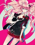  1girl bear_hair_ornament black_bra black_shirt blue_eyes bra breasts choker cleavage collarbone dangan_ronpa dangan_ronpa_1 dutch_angle enoshima_junko floating_hair hair_between_eyes hair_ornament long_hair looking_at_viewer medium_breasts miniskirt monokuma necktie pleated_skirt polka_dot polka_dot_bra red_background red_bra red_skirt shirt silver_hair skirt smile solo spoilers standing twintails underwear very_long_hair white_necktie 