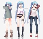  black_panties blue_eyes blue_hair boots bracelet choker cross-laced_footwear hatsune_miku high_heels highres jacket jewelry knee_boots kuroi_(liar-player) lace-up_boots long_hair panties twintails underwear very_long_hair vocaloid 