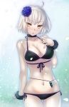  1girl bikini black_bikini blush breasts brown_eyes cleavage fate/grand_order fate_(series) flower hair_flower hair_ornament highres jeanne_alter looking_at_viewer navel pale_skin parted_lips ruler_(fate/apocrypha) short_hair solo swimsuit white_hair yoshida_takuma 