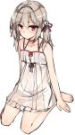  1boy arms_at_sides bangs bare_arms bare_legs bare_shoulders barefoot blush choker christine closed_mouth collarbone dress eyebrows_visible_through_hair flower frilled_skirt frills hair_between_eyes hair_flower hair_intakes hair_ornament hair_ribbon kuro_(kuronell) light_brown_hair long_hair looking_at_viewer original red_choker red_eyes red_ribbon ribbon short_dress sidelocks simple_background sitting skirt sleeveless sleeveless_dress solo trap wariza white_background white_dress 