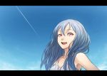  1girl :d armpit_peek bangs bare_shoulders blue_hair blue_sky breasts clouds commentary_request condensation_trail day dress hair_over_shoulder letterboxed long_hair looking_at_viewer medium_breasts open_mouth original pink_eyes sky smile solo sugi_214 white_dress 