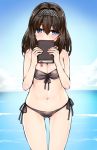  1girl bikini black_bikini blue_eyes blue_sky book breasts brown_hair cleavage clouds cloudy_sky covering_mouth cowboy_shot day fingernails front-tie_bikini front-tie_top gluteal_fold groin hair_between_eyes hair_ornament hairband hairclip half-closed_eyes hands_up holding holding_book idolmaster idolmaster_cinderella_girls kuro_(kuronell) large_breasts long_fingernails long_hair looking_to_the_side midriff navel ocean outdoors sagisawa_fumika side-tie_bikini sky solo standing stomach strapless strapless_bikini swimsuit water 