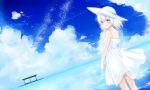  1girl blush closed_mouth clouds cloudy_sky dress eyebrows_visible_through_hair haruki_(colorful_macaron) looking_at_viewer ocean original short_hair sky smile solo twitter_username water white_dress white_hair yellow_eyes 