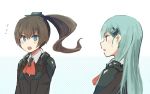  2girls annin_musou ascot blue_eyes brown_hair brown_jacket flying_sweatdrops green_eyes green_hair hair_between_eyes kantai_collection kumano_(kantai_collection) long_hair long_sleeves multiple_girls open_mouth ponytail red_ascot school_uniform suzuya_(kantai_collection) 