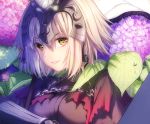  1girl announcement blonde_hair breasts chains commentary fate/apocrypha fate/grand_order fate_(series) flower headpiece jeanne_alter medium_breasts rosuuri ruler_(fate/apocrypha) short_hair smile solo upper_body yellow_eyes 