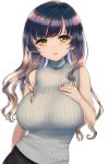  1girl arm_behind_back bare_arms blush breasts comic gradient_hair hand_on_own_chest hijiri_byakuren large_breasts long_hair looking_at_viewer multicolored_hair open_mouth poko_(mammypoko) sidelocks simple_background sleeveless smile solo sweater sweater_vest touhou turtleneck turtleneck_sweater two-tone_hair white_background white_sweater yellow_eyes 