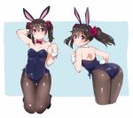  1girl animal_ears ass bare_shoulders black_hair black_legwear black_shoes breasts bunnysuit cleavage cropped_legs hair_between_eyes kurokawa_makoto leaning_forward leotard looking_at_viewer love_live! love_live!_school_idol_project multiple_views pantyhose rabbit_ears red_eyes shoes small_breasts smile thigh_gap twintails wrist_cuffs yazawa_nico 