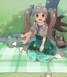  1girl aqua_nails blanket blush brown_eyes brown_hair collarbone eyebrows_visible_through_hair green_ribbon hair_ribbon hakozaki_serika idolmaster idolmaster_million_live! kamille_(vcx68) long_hair looking_at_viewer nail_polish open_mouth patting picnic_basket ribbon sandals_removed shade short_sleeves sitting smile solo tree tree_shade white_legwear 