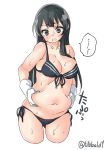  1girl agano_(kantai_collection) bangs belly black_bra black_eyes black_hair black_panties blush bra breasts cleavage cowboy_shot cropped_legs ebifurya eyebrows_visible_through_hair front-tie_top gloves highres kantai_collection long_hair medium_breasts navel open_mouth panties plump side-tie_panties sidelocks simple_background solo sweat twitter_username underwear underwear_only weight_conscious white_background white_gloves 