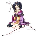  1girl bangs black_hair blunt_bangs bow_(weapon) broken_arrow broken_bow full_body gloves green_eyes hairband hand_on_own_face holding holding_bow_(weapon) holding_weapon kanzaki_karuna official_art one_eye_closed oshiro_project oshiro_project_re partly_fingerless_gloves seiza short_hair sitting tanba_yokoyama_(oshiro_project) thigh-highs torn_clothes torn_thighhighs transparent_background weapon yugake 