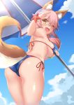  1girl animal_ears arm_up ass bangs bikini blue_bikini blue_sky blush bracelet breasts clouds commentary_request day eyebrows_visible_through_hair fang fate/extra fate_(series) fox_ears fox_tail from_behind hair_between_eyes highres holding jewelry large_breasts looking_at_viewer looking_back one_eye_closed open_mouth outdoors parasol pink_hair side-tie_bikini sky solo spicy_moo standing starfish swimsuit tail tamamo_(fate)_(all) tamamo_no_mae_(swimsuit_lancer)_(fate) transparent umbrella yellow_eyes 