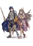  1boy 1girl blue_hair breastplate brown_eyes cape crown fire_emblem fire_emblem:_kakusei gauntlets greaves holding holding_shield holding_spear holding_sword holding_weapon krom long_hair pauldrons polearm shield smile spear sumia sword watermark weapon white_background 