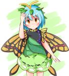  1girl amboina antennae blue_hair blush butterfly_wings commentary_request cowboy_shot dress eternity_larva frown green_background green_dress hair_ornament highres leaf leaf_hair_ornament leaf_on_head looking_at_viewer short_hair short_sleeves solo touhou white_background wings yellow_eyes 