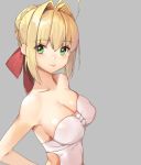  1girl ahoge bangs blonde_hair blush braid breasts cleavage closed_mouth collarbone eyebrows_visible_through_hair fate/extra fate_(series) french_braid from_side grey_background hair_intakes hair_ribbon hand_on_hip large_breasts leotard looking_at_viewer red_ribbon ribbon saber_extra shovelwell sidelocks simple_background smile solo upper_body white_leotard 