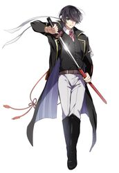  1boy aqua_eyes black_hair coat drawing_sword full_body hair_over_one_eye headband highres horikawa_kunihiro older ribbon short_hair simple_background smile sword touken_ranbu weapon white_background 