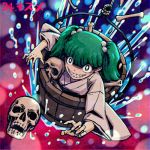  1girl bone bucket full_body green_eyes green_hair grin hair_bobbles hair_ornament japanese_clothes kisume looking_at_viewer lowres meitei sharp_teeth skull smile solo teeth touhou two_side_up water wide_sleeves wooden_bucket 