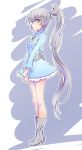 1girl blue_dress blue_eyes boots check_commentary commentary commentary_request dress high_heel_boots high_heels highres iesupa long_hair ponytail prototype rwby solo weiss_schnee white_hair 