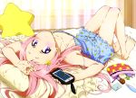 1girl absurdres aguri_(gamers!) bare_shoulders bed blue_pajamas blue_shorts blush breasts cellphone cleavage collarbone gamers! highres holding holding_phone indoors long_hair looking_at_viewer lying on_back phone pillow pink_hair shiny shiny_skin short_shorts shorts sleeveless small_breasts smartphone solo star_pillow violet_eyes 