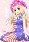 1girl :d alternate_legwear american_flag_dress american_flag_legwear bangs bare_arms bare_shoulders blonde_hair blush breasts clownpiece dress fairy_wings fang frilled_shirt_collar frills from_side hat highres jester_cap long_hair looking_at_viewer looking_to_the_side medium_breasts open_mouth pantyhose polka_dot print_legwear red_eyes shiro_oolong-cha shirt short_dress sitting sleeveless sleeveless_shirt smile solo star star-shaped_pupils star_print striped symbol-shaped_pupils touhou very_long_hair wariza wings 