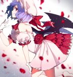  1girl bare_shoulders bat_wings brooch cravat detached_collar dress fang_out gloves highres jewelry kneeling lavender_hair leaning_forward petals pink_dress profile red_eyes red_ribbon remilia_scarlet ribbon rose_petals shibuki_kamone smile solo touhou white_gloves wings 