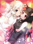  2girls :d ;) animal_ears bangs bare_shoulders black_bodysuit black_hair blue_eyes blush bodysuit bow breast_hold breasts cat_ears cat_girl cat_tail closed_mouth cowboy_shot dress eyebrows_visible_through_hair eyelashes face-to-face gloves hand_holding hand_up hands_together heart highres hinamori_mayuri interlocked_fingers large_breasts leg_up long_hair looking_at_viewer medium_breasts multiple_girls one_eye_closed one_leg_raised open_mouth original paw_pose red_bow red_eyes short_dress short_hair skin_tight smile standing standing_on_one_leg tail tail_bow turtleneck white_dress white_hair 