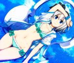  1girl aqua_bikini aqua_bow arm_up bangs bikini blue_bikini blue_eyes blush bow closed_mouth collarbone commentary_request cowboy_shot dutch_angle eyebrows_visible_through_hair frilled_bikini frills gluteal_fold hair_between_eyes highres konpaku_youmu konpaku_youmu_(ghost) looking_at_viewer lying navel on_back polka_dot polka_dot_bikini sazanami_mio scrunchie short_hair short_sleeves smile solo stomach swimsuit thigh_gap touhou water wet wet_clothes wet_hair white_hair wrist_scrunchie 