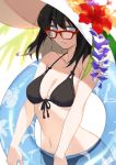  1girl bikini black_bikini_bottom black_bikini_top black_hair breasts flower hat hat_flower highres innertube navel original red-framed_eyewear sho_(gohan) simple_background swimsuit swimwear violet_eyes 