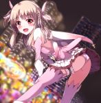  1girl ass bare_shoulders bent_over blurry city commentary_request depth_of_field elbow_gloves eyebrows_visible_through_hair fate/kaleid_liner_prisma_illya fate_(series) feathers gloves hair_feathers hand_on_own_thigh illyasviel_von_einzbern looking_at_viewer magical_girl night open_mouth outdoors panties red_eyes shiny shiny_hair shiny_skin skirt solo sumioo_(sumikko_no_ousama) thigh-highs thigh_strap underwear white_hair white_panties 