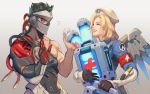  1boy 1girl alternate_costume beret black_hair blackwatch_genji blonde_hair closed_eyes combat_medic_ziegler cyborg genji_(overwatch) hands_up hat mask mechanical_wings mercy_(overwatch) open_mouth overwatch sae_(revirth) smile spiky_hair upper_body wings 