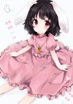  1girl animal_ears black_hair bunny_tail carrot_necklace dress heart heart-shaped_pupils inaba_tewi jewelry necklace pink_dress rabbit rabbit_ears red_eyes short_hair short_sleeves smile solo symbol-shaped_pupils tail touhou uguisu_mochi_(ykss35) 
