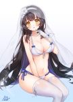  1girl bikini black_hair blue_background blue_bow blush bow cowboy_shot flower girls_frontline gloves gradient gradient_background hair_flower hair_ornament hairband invisible_chair long_hair looking_at_viewer navel pong_(vndn124) qbz-95_(girls_frontline) side-tie_bikini signature sitting smile solo swimsuit thigh-highs veil white_background white_bikini white_gloves white_hairband white_legwear yellow_eyes 