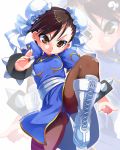  1girl artist_name boots brown_eyes brown_hair chun-li cross-laced_footwear deviantart_username double_bun erect_nipples fighting_stance krokobyaka leg_up panties pantyhose short_hair solo standing standing_on_one_leg street_fighter underwear white_background white_boots zoom_layer 