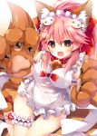  1girl :d animal_ears apron arm_garter bangs bell bell_collar blush bow breasts bright_pupils cat_hair_ornament claws collar eyebrows_visible_through_hair fangs fate/grand_order fate_(series) fox_ears fox_tail frilled_apron frills from_above hair_between_eyes hair_ornament hair_ribbon hands_up jingle_bell knees_together_feet_apart large_breasts leg_garter long_hair looking_at_viewer maid_headdress nanamomo_rio on_floor open_mouth paws pink_hair pocket red_bow red_collar red_ribbon ribbon shadow shiny shiny_hair smile solo tail tamamo_(fate)_(all) tamamo_cat_(fate) white_apron wooden_floor yellow_eyes 