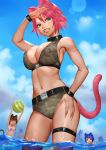  animal_ears ariverkao ball beachball bikini blue_eyes blue_hair blurry blurry_background breast_envy breasts brown_eyes brown_hair cat_ears cat_tail clouds collar large_breasts lens_flare looking_at_viewer navel open_mouth original pink_hair red_eyes short_hair smile standing swimsuit tail thigh_strap water wrist_straps 