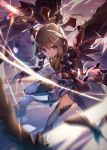  1girl blue_eyes blurry brown_hair character_request commentary diffraction_spikes feathers gloves highres holding holding_sword holding_weapon liebe long_sleeves magical_girl motion_blur open_mouth outstretched_arm pelvic_curtain pom_pom_(clothes) short_hair solo sword thigh-highs twitter_username waistcoat weapon white_legwear wide_sleeves yuusha_de_aru 
