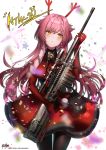  1girl absurdres anti-materiel_rifle antlers artist_name bangs black_gloves blush character_name closed_mouth cowboy_shot dress elbow_gloves fur_trim girls_frontline gloves gun highres holding holding_gun holding_weapon kyjsogom long_hair ntw-20 ntw-20_(girls_frontline) pantyhose purple_hair red_dress rifle scope signature sniper_rifle solo watermark weapon web_address yellow_eyes 