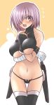  1girl assassin_of_black assassin_of_black_(cosplay) bandage bandaged_arm bare_shoulders between_breasts black_legwear black_panties blush breasts cosplay cowboy_shot fate/apocrypha fate/grand_order fate_(series) gloves hair_over_one_eye hand_between_breasts large_breasts looking_at_viewer lowleg lowleg_panties navel nikubanare panties purple_hair shielder_(fate/grand_order) short_hair solo thigh-highs under_boob underwear violet_eyes 