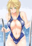  1girl artoria_pendragon_(all) artoria_pendragon_(lancer) bangs bare_arms bare_shoulders blonde_hair blue_swimsuit blurry blurry_background braid breasts breasts_apart casual_one-piece_swimsuit center_opening climbing climbing_ladder closed_mouth collarbone colored_eyelashes commentary cowboy_shot dripping expressionless eyebrows_visible_through_hair fate/grand_order fate_(series) french_braid green_eyes groin hair_between_eyes large_breasts looking_at_viewer navel one-piece_swimsuit pool pool_ladder schizanthus_(artist) short_hair sideboob sidelocks solo swimsuit thigh_gap water_drop wet wet_hair 