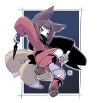  1girl animal_ears bangs bare_shoulders black_scarf blue_background bob_cut border fox_ears fox_girl fox_tail full_body holding holding_sword holding_weapon japanese_clothes kimono kukuri_(mawaru) kunai long_sleeves looking_at_viewer mawaru_(mawaru) multiple_tails ninja original purple_kimono reverse_grip scarf short_sword stirrup_legwear sword tail tantou toeless_legwear weapon white_border zouri 