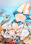  1girl bikini blue_bikini blue_eyes blush breasts cleavage fate/grand_order fate_(series) hat kurut long_hair looking_at_viewer lying marie_antoinette_(fate/grand_order) medium_breasts navel on_back open_mouth shore silver_hair smile solo starfish swimsuit twintails upside-down 