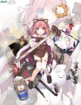  3girls animal_ears blue_eyes blush bow brown_bow cat_tail character_request eyebrows_visible_through_hair fake_animal_ears fork hat headphones heterochromia holding holding_fork jiang-ge looking_at_viewer multiple_girls official_art parted_lips pink_hair short_hair tail thigh-highs tirpitz_(zhan_jian_shao_nyu) torn_clothes torn_thighhighs white_hat white_legwear yellow_eyes zhan_jian_shao_nyu 