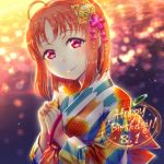  10s 1girl ahoge bangs blurry bokeh dated depth_of_field hair_ornament hands_together happy_birthday japanese_clothes kimono long_sleeves looking_at_viewer love_live! love_live!_sunshine!! orange_hair pouch red_eyes rymerge short_hair smile solo sparkle sunset takami_chika upper_body 