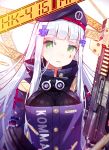  1girl assault_rifle blush breasts eyebrows_visible_through_hair girls_frontline green_eyes gun heckler_&amp;_koch highres hk416 hk416_(girls_frontline) holding holding_gun holding_weapon large_breasts long_hair looking_at_viewer military parted_lips pot-palm rifle solo upper_body weapon white_hair 