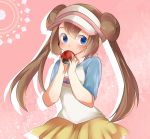  1girl absurdres blue_eyes brown_hair commentary_request double_bun hammer_(sunset_beach) highres long_hair looking_at_viewer mei_(pokemon) poke_ball pokemon pokemon_(game) pokemon_bw2 raglan_sleeves skirt solo twintails visor_cap 