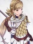  1girl armor blonde_hair blue_cape braid brown_gloves cape fire_emblem fire_emblem_heroes french_braid gloves green_eyes hair_ornament highres long_hair looking_at_viewer polearm sharena simple_background smile solo tark1122 v weapon x_hair_ornament 