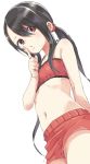  1girl absurdres arm_behind_back bangs bare_arms bikini black_hair cowboy_shot finger_to_mouth hair_between_eyes highres long_hair looking_at_viewer navel original red_bikini red_eyes red_swimsuit sidelocks simple_background solo stomach swimsuit twintails underwear white_background yamamoto_souichirou 